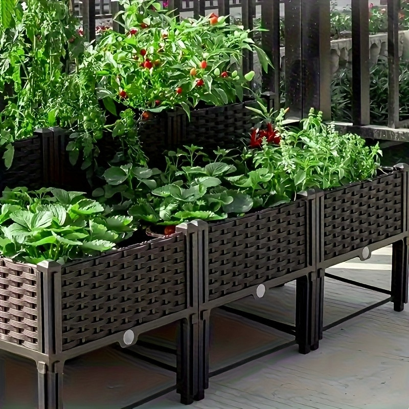 Vegetable Transplanter - ガーデンレイズドベッド、自動給水装置と排水穴付きの高床式フラワーボックス、庭、バルコニー、パティオ用のハーブ野菜プランターコンテナ（2セット、ブラウン）