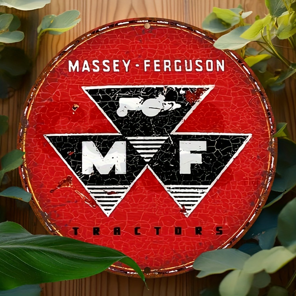 Agriculture Farming Logos - ヴィンテージ マッセイファーガソン トラクター ラウンドメタルサイン、アンティーク調レッドロゴ ファームウォールデコレーション、耐候性のある素朴な農業用ブリキサイン